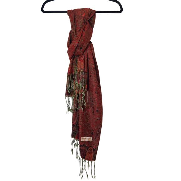 Pashmina Dark Red Paisley Silk Wool Blend Oversized Tasseled Blanket Scarf - Picture 2 of 5